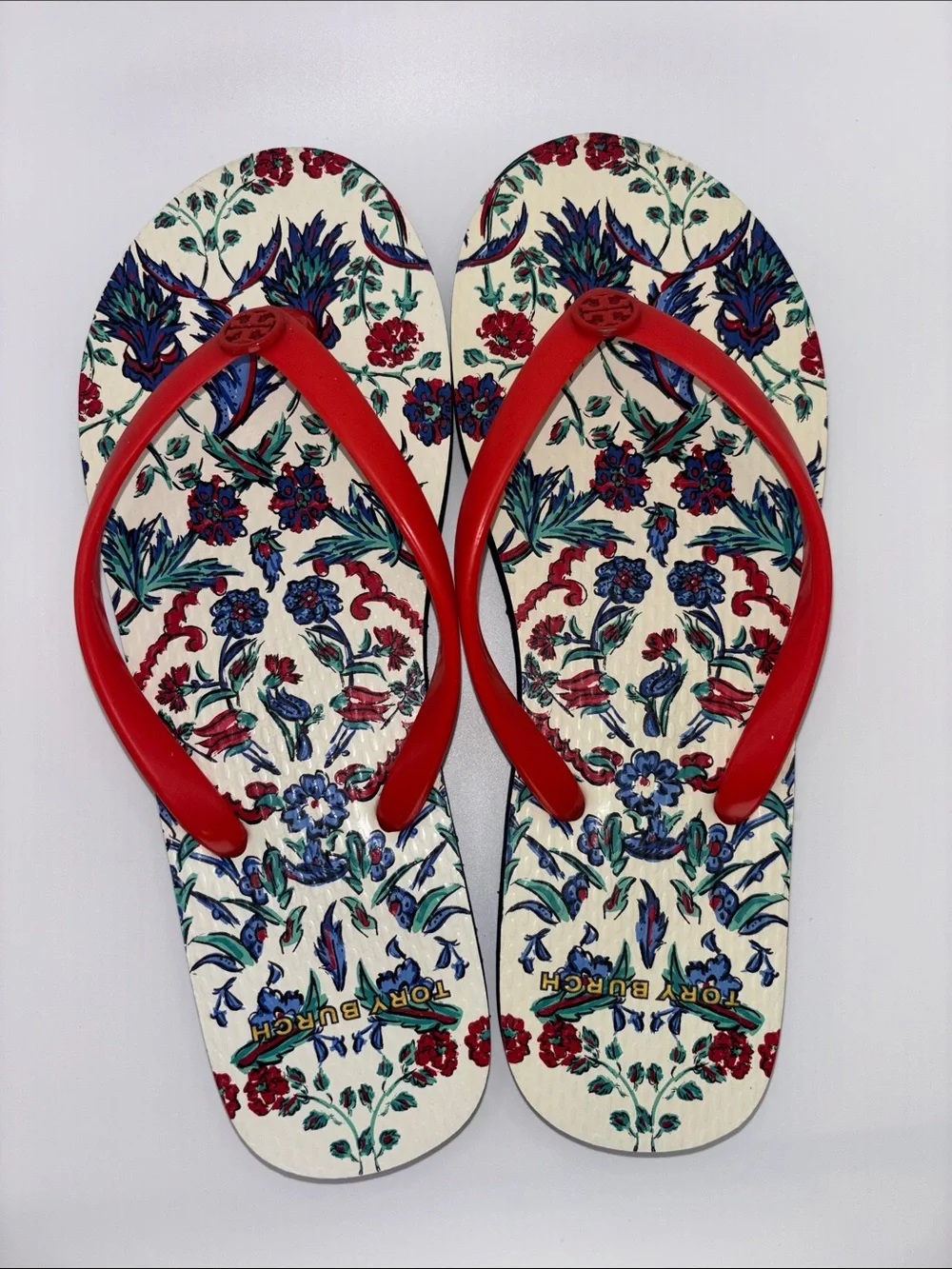 Tory Burch Red Floral Printed Flip Sandals